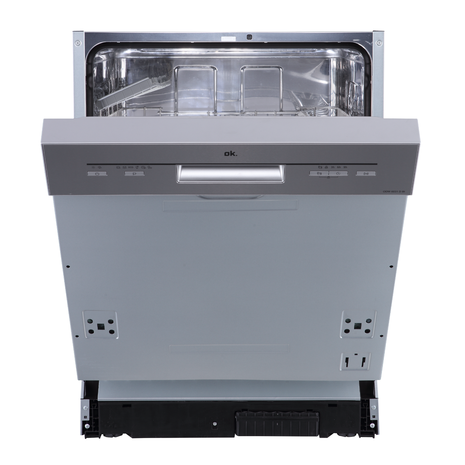 Dishwasher with open door. Silver exterior, control panel at the top, and interior racks visible.