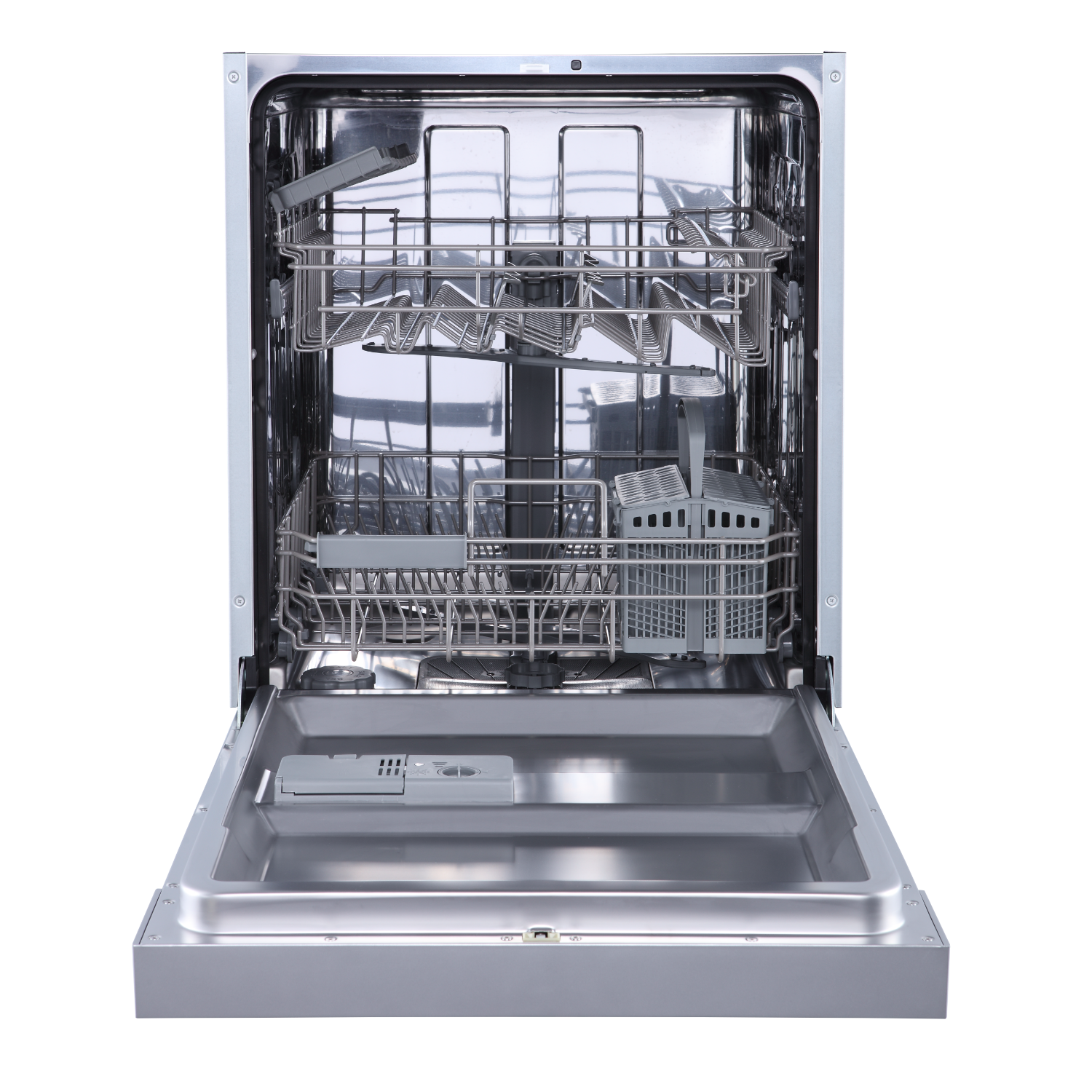 Opened dishwasher with racks and silverware basket visible.