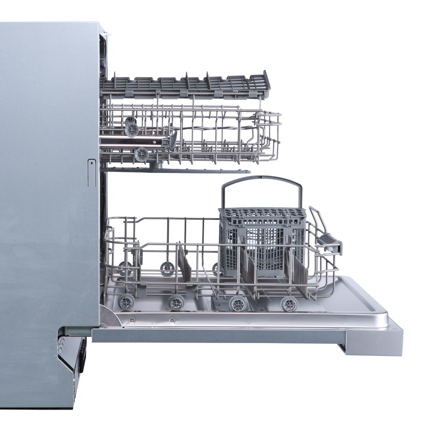 A stainless steel dishwasher with the door open. Visible are the upper and lower racks and a cutlery basket.