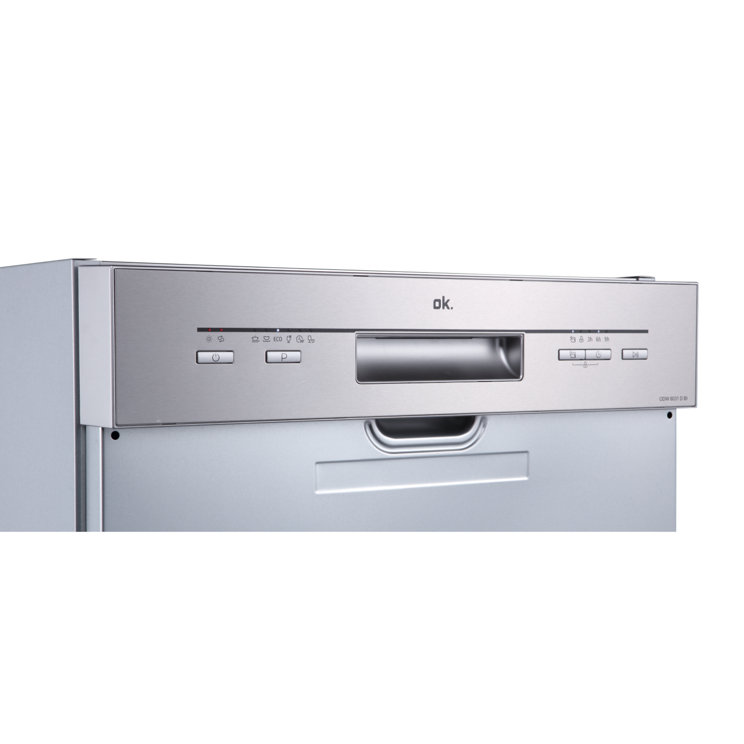 Dishwasher control panel with buttons and a display. The background is a white and metallic surface.