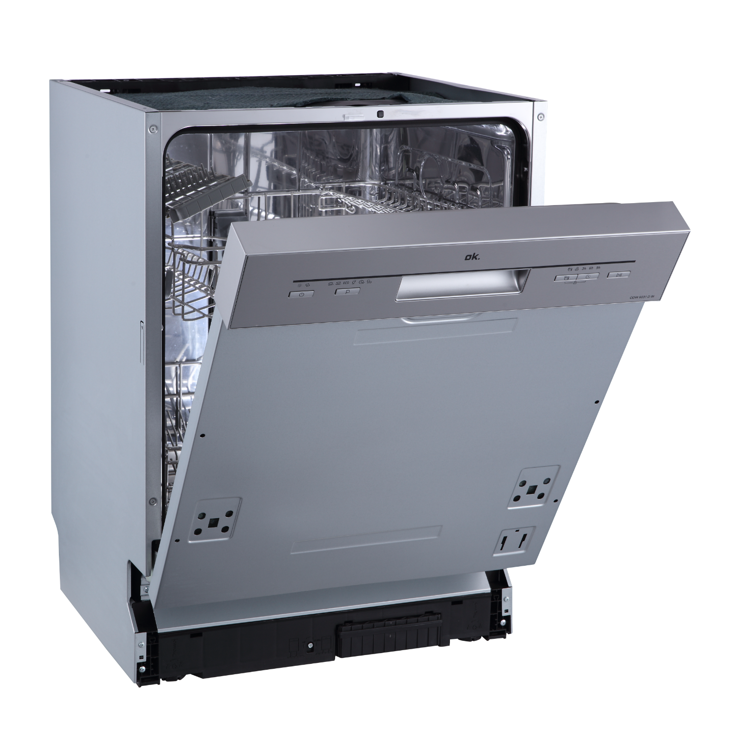 A silver dishwasher. The door is open, showing the inside racks. The appliance is clean.