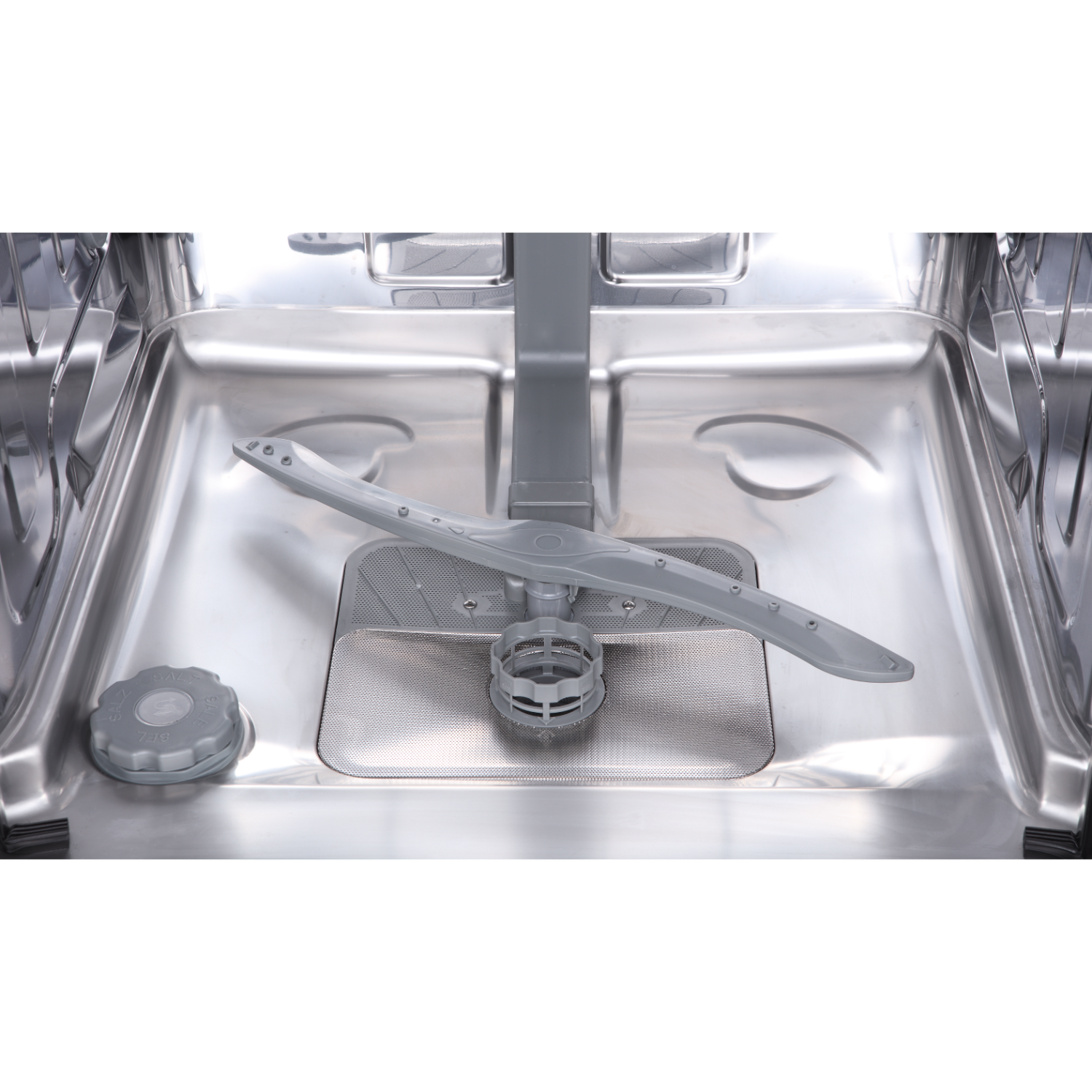 Inside a dishwasher: spray arms and a filter. Metallic interior.