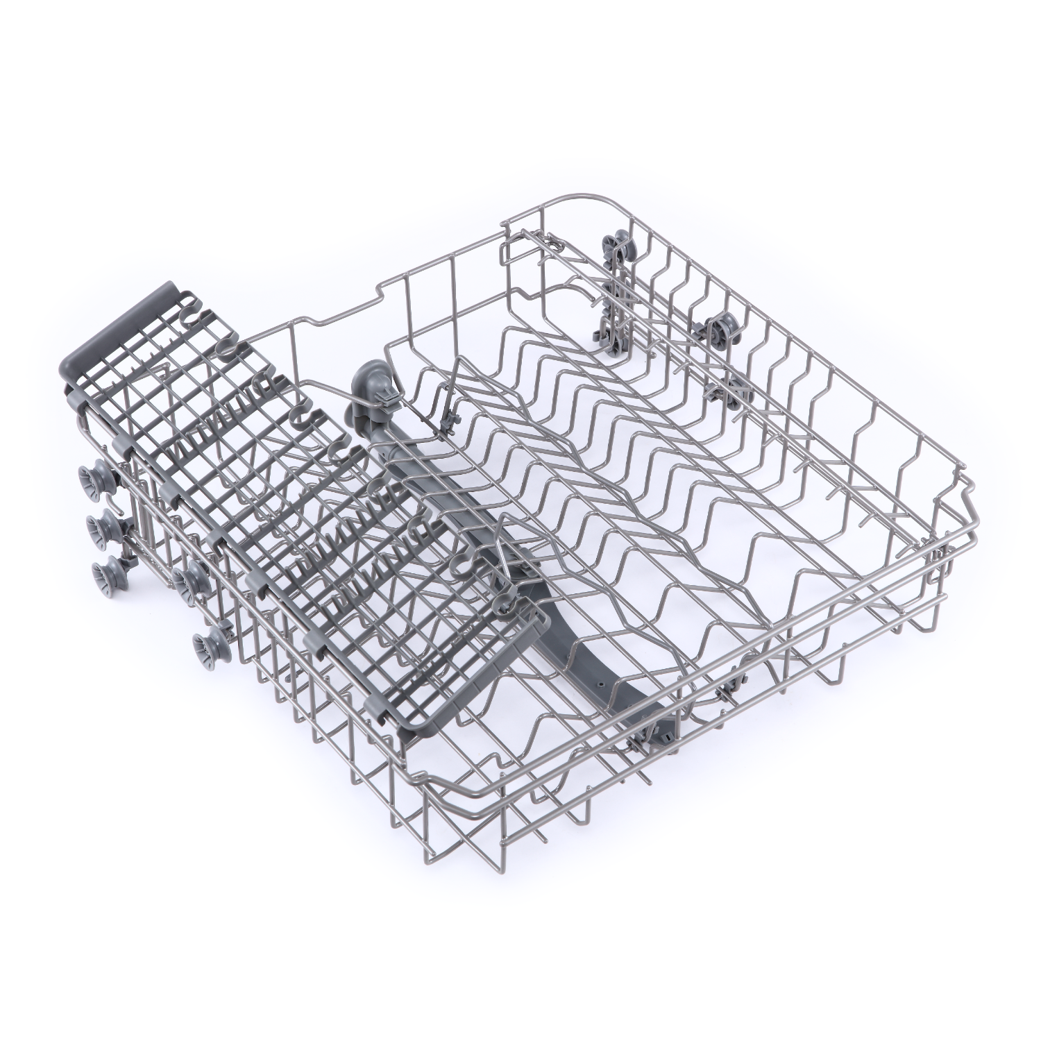 Dishwasher basket, metal, gray, with slots for dishes and cutlery, white background.