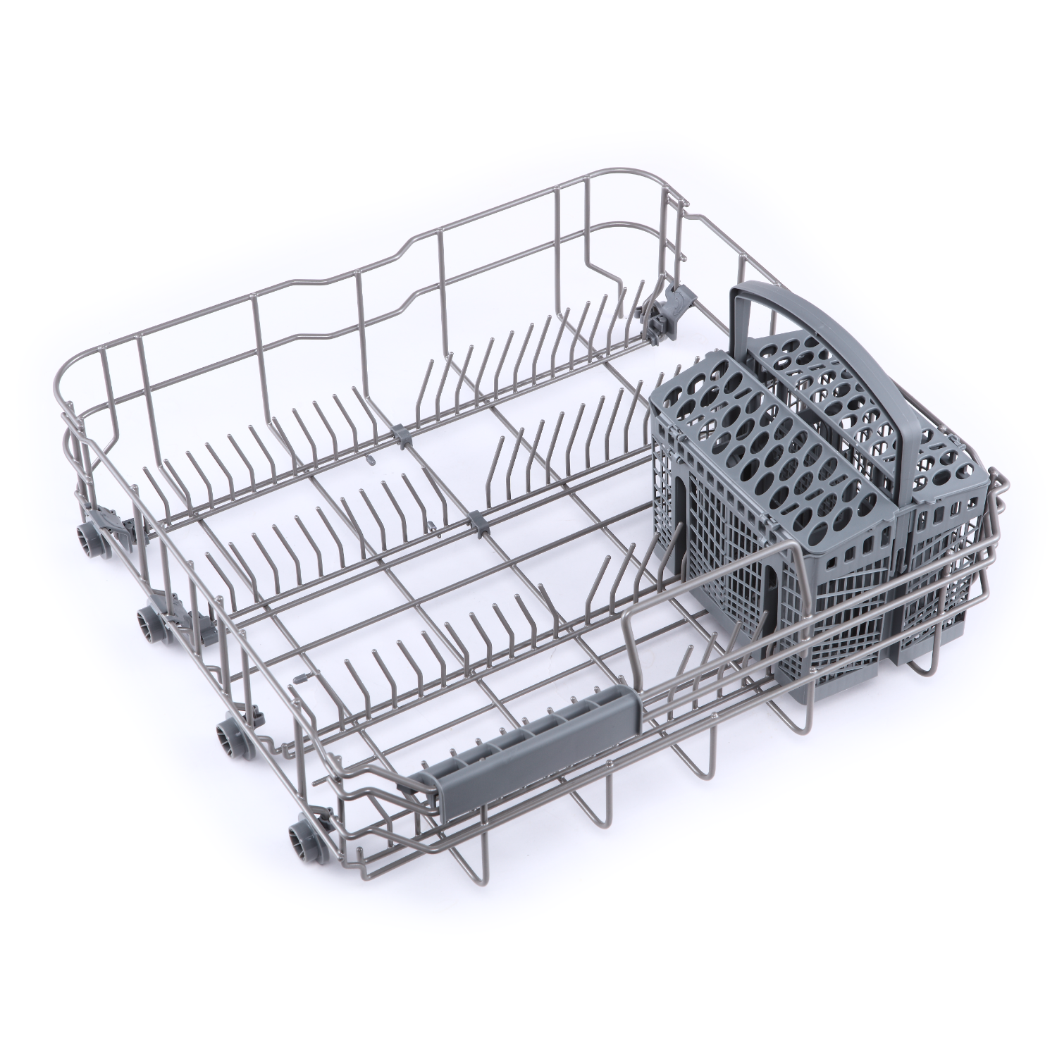 A dishwasher rack with dividers and a gray utensil basket, against a white background.