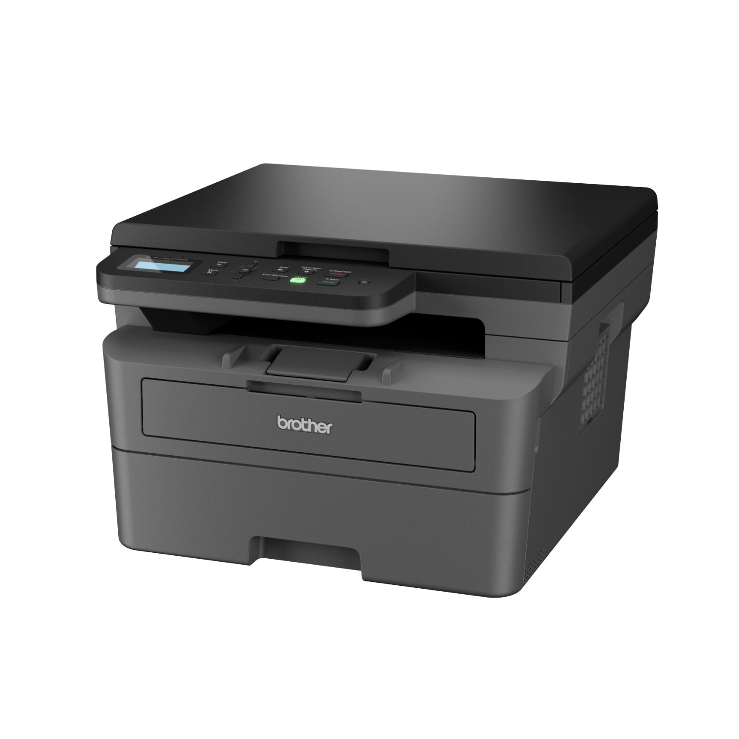 Black and grey Brother printer with a display and a paper tray on a black background.