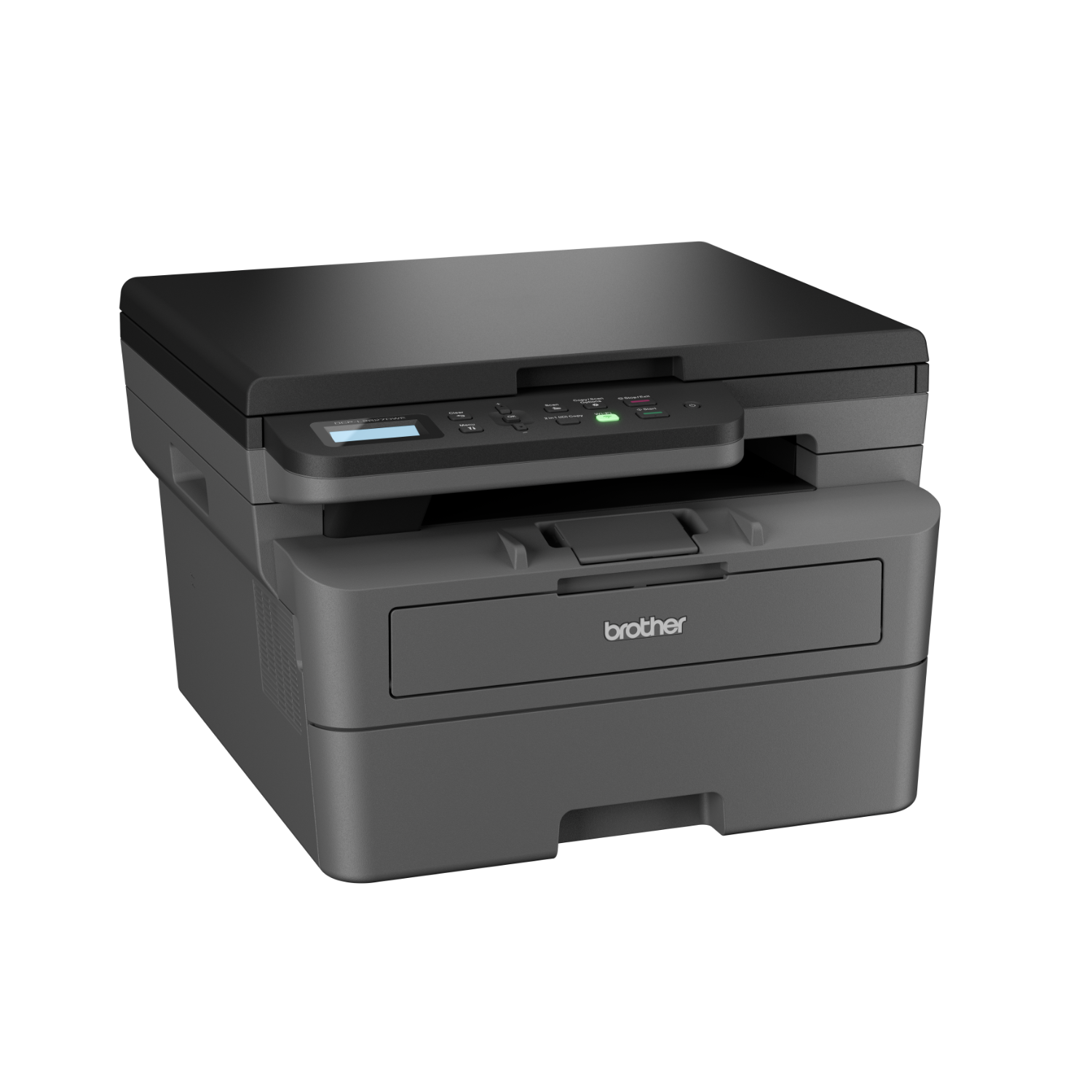 A black and gray printer is shown against a black background. The printer has a flatbed scanner.