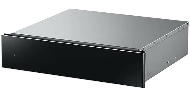 Czarna szuflada ze srebrnym blatem. Szuflada ma czarny uchwyt i mały guzik z boku.