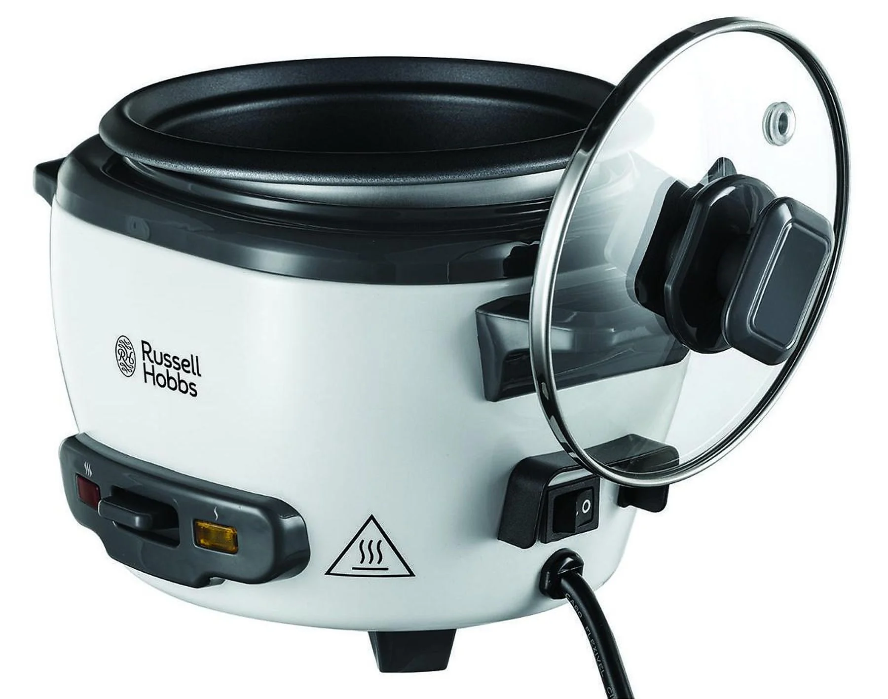 Fehér és szürke rizsfőző, nyitott átlátszó fedéllel. A Russell Hobbs logó látható.