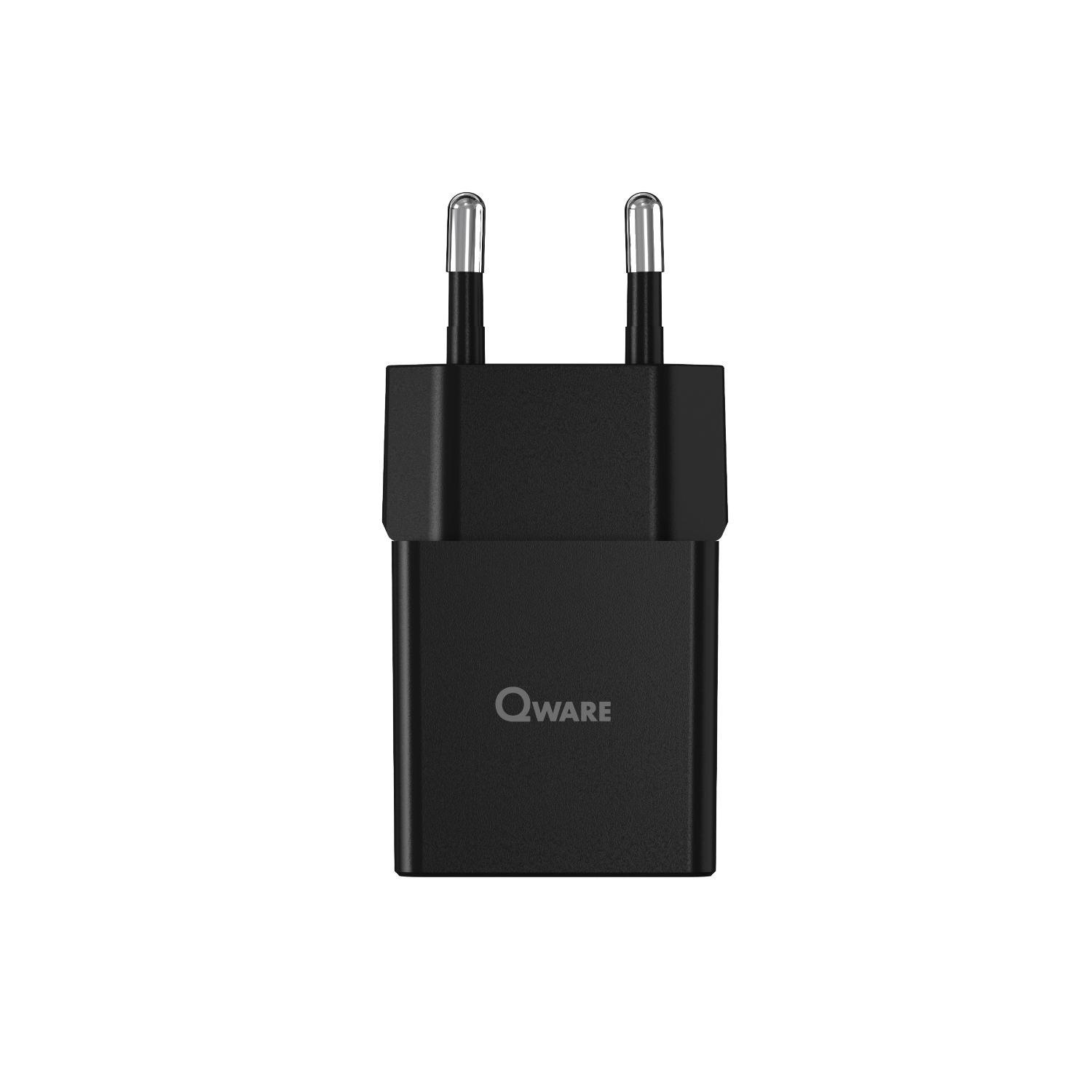 A black Qware USB charger. Black background.