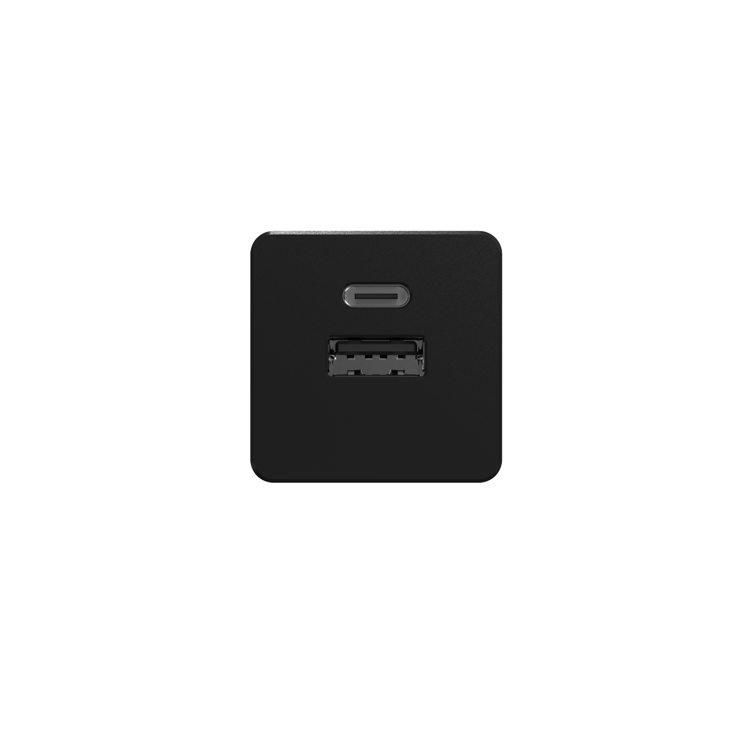 Black power adapter with a USB and a USB-C port. On a black background.