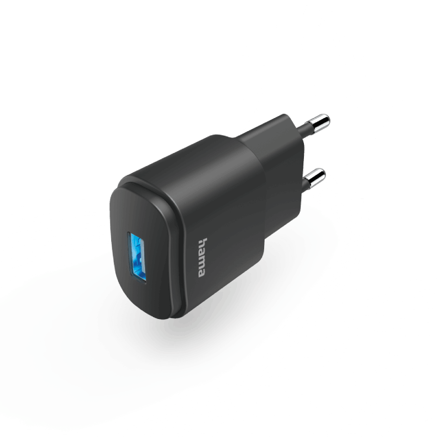 Cargador USB negro con puerto USB azul. La marca Hama es visible.