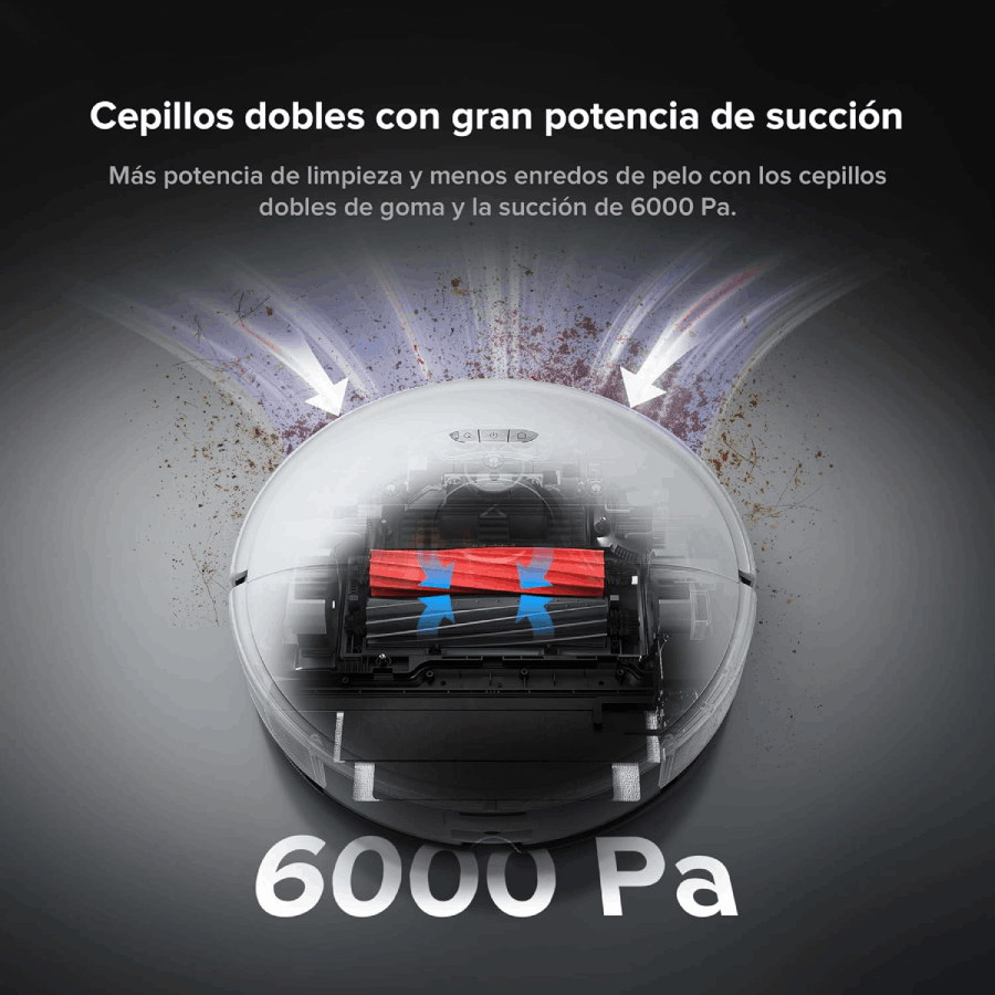 Robot aspirador, con tapa transparente que muestra los cepillos de limpieza e ilustración de eliminación de suciedad.