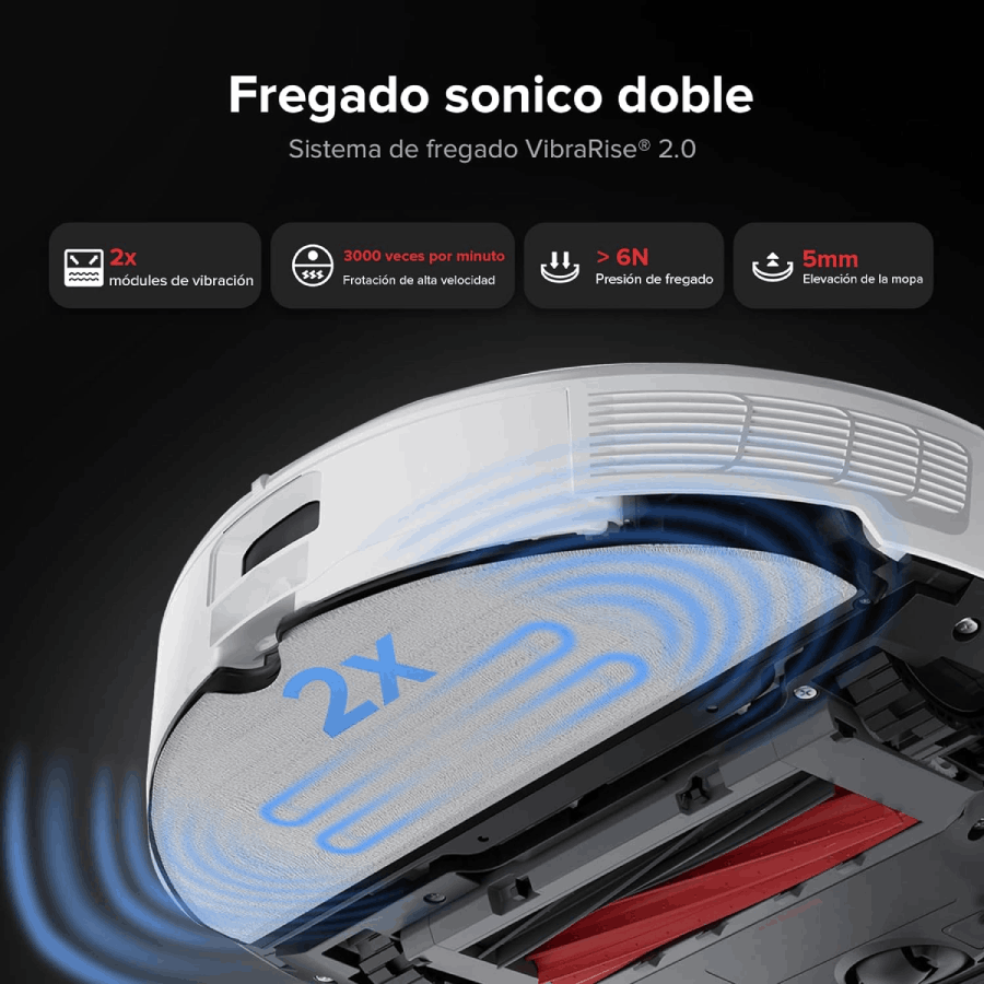 Primer plano de una aspiradora blanca con líneas azules y un cepillo rojo.