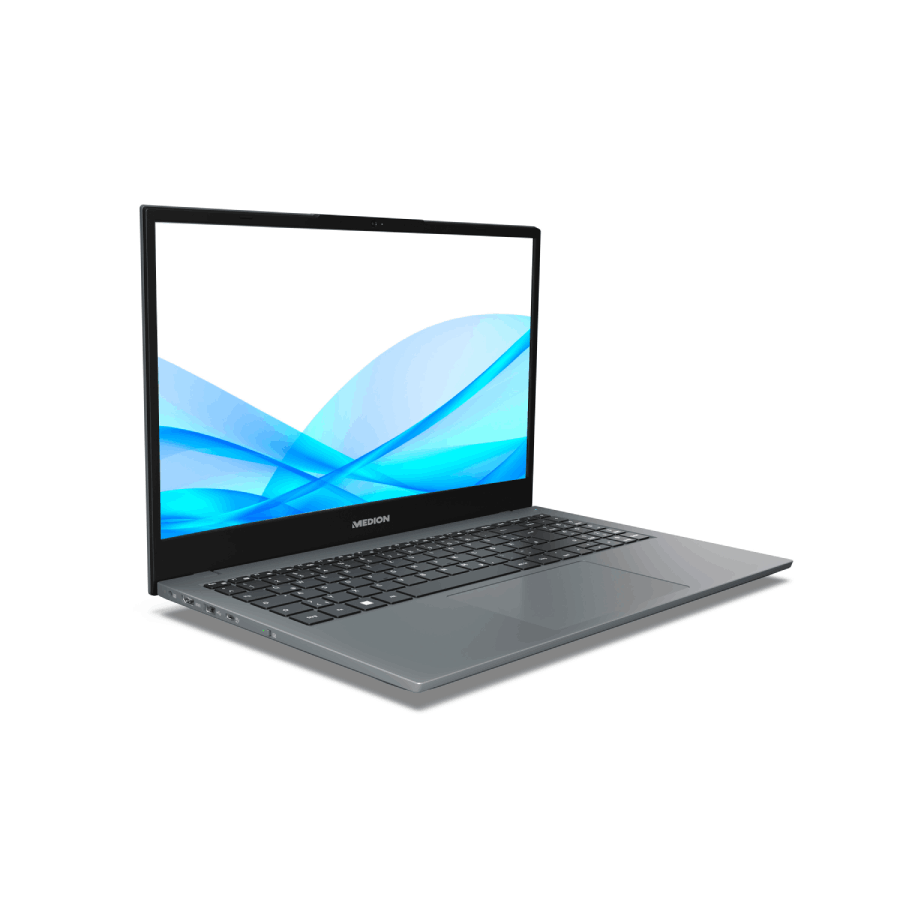 Portátil Medion gris, abierto, que muestra un diseño abstracto azul y blanco en la pantalla.