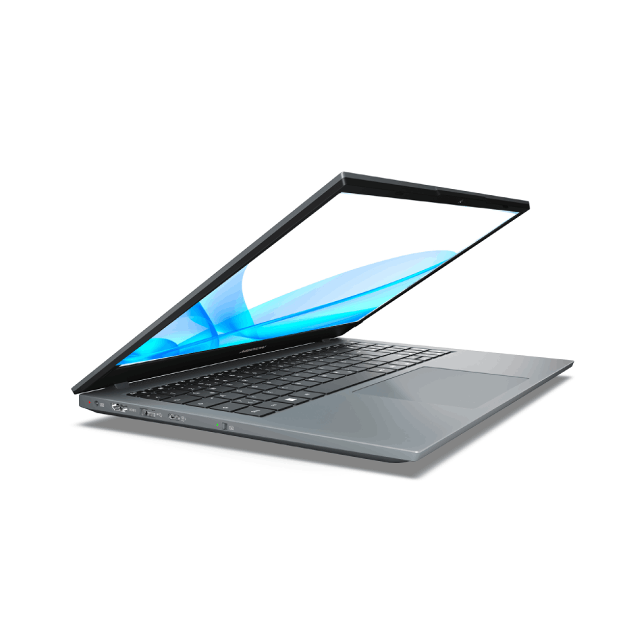 Laptop con pantalla abierta, vista en ángulo. Gráfico abstracto azul. Color gris.
