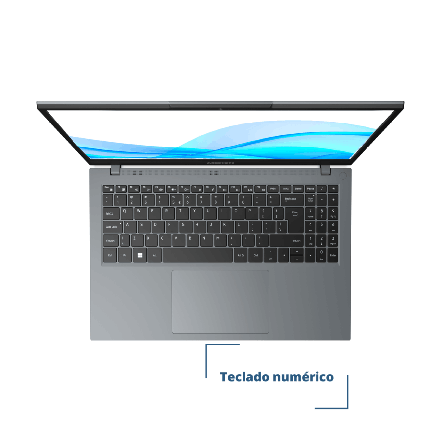 Portátil, vista superior. Un portátil gris con teclado numérico está abierto.
