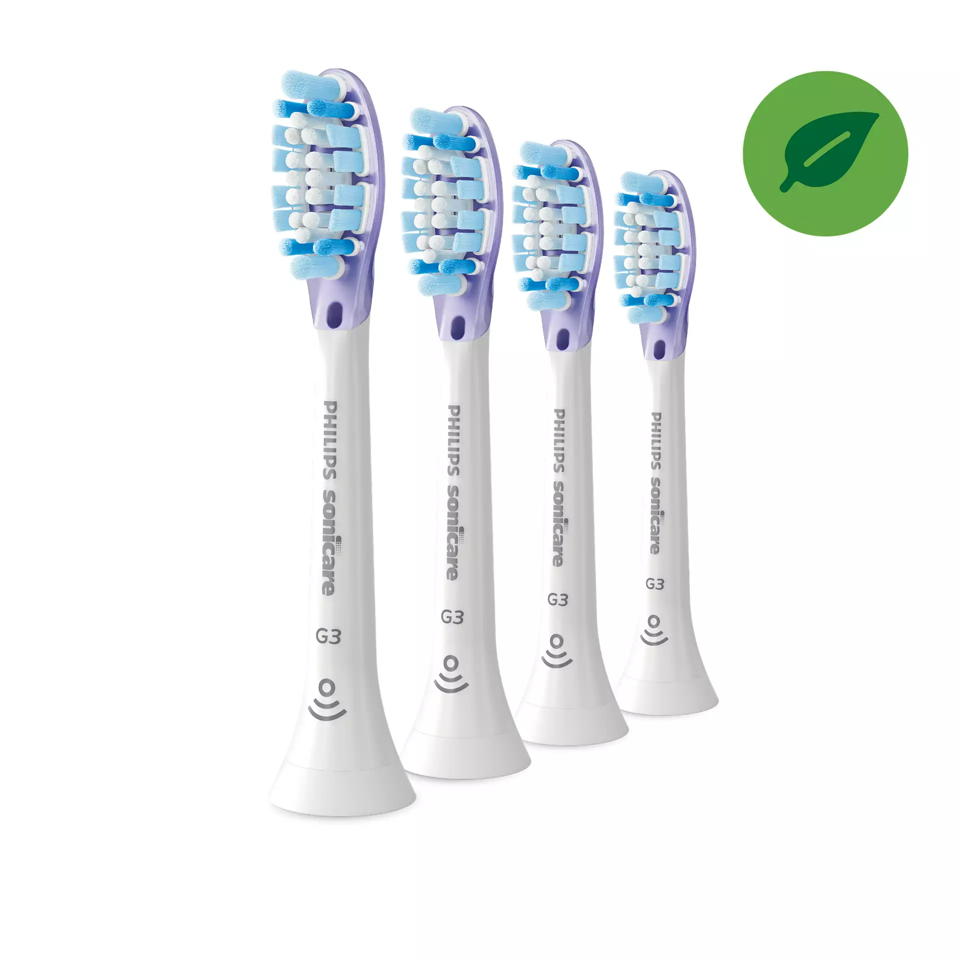 Négy fogkefefej kék és fehér sörtékkel. Philips Sonicare felirat. Fehér háttér.
