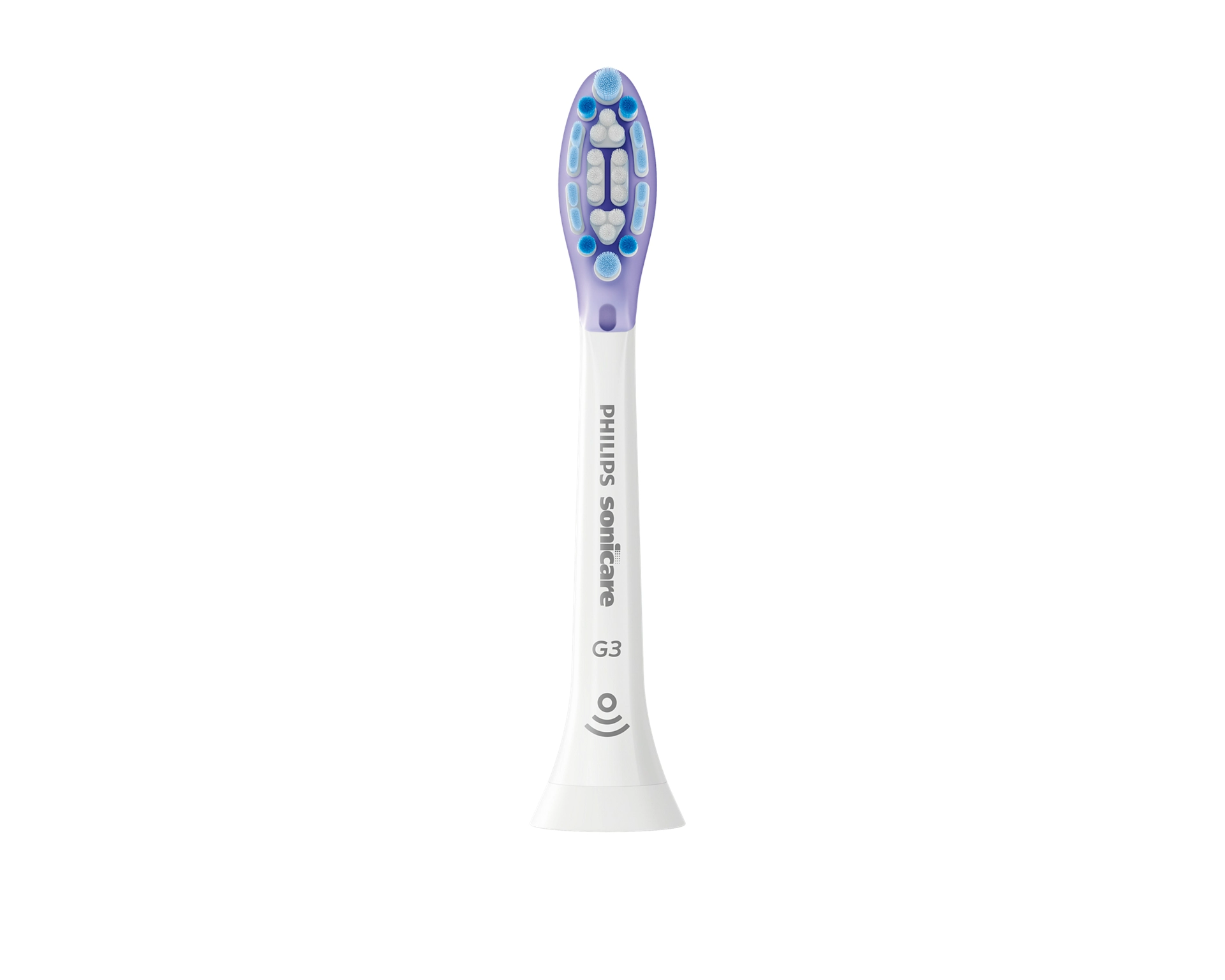 Egy fehér fogkefefej lila sörtékkel és Philips Sonicare logóval. Fehér háttér.