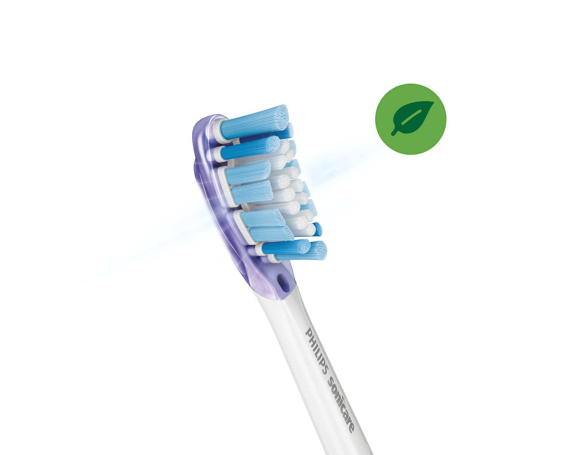 Közelkép egy Philips Sonicare fogkefefejről zöld levél ikonnal.