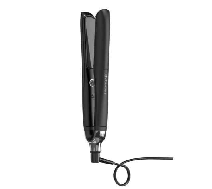 Plancha de pelo negra con cable negro, mostrando el diseño del dispositivo.