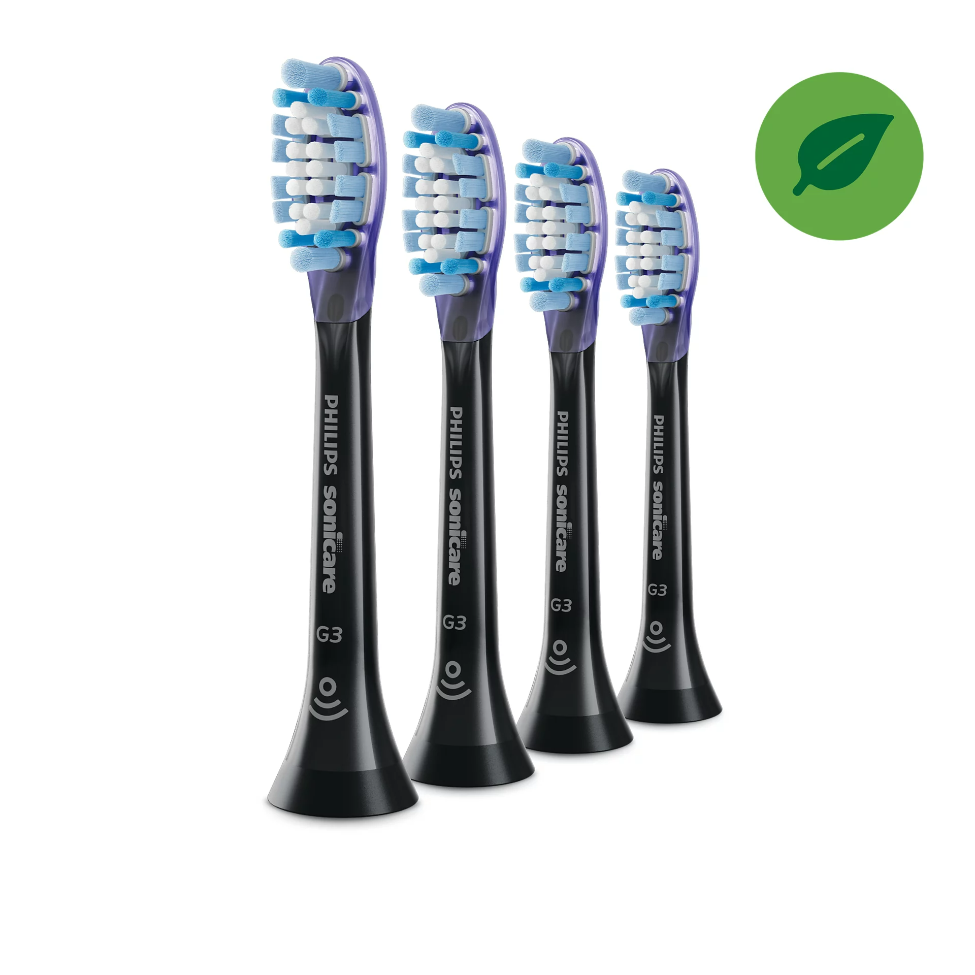 Négy Philips Sonicare fogkefefej, fekete, kék és fehér sörtékkel, fehér háttér előtt.