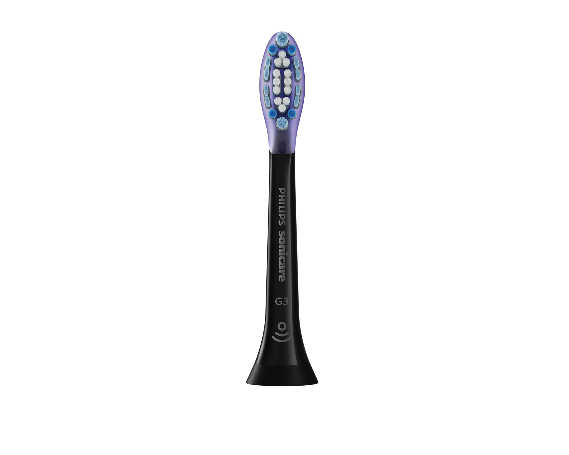 Közelkép egy Philips Sonicare fogkefefejről kék és fehér sörtékkel, fehér háttérrel.