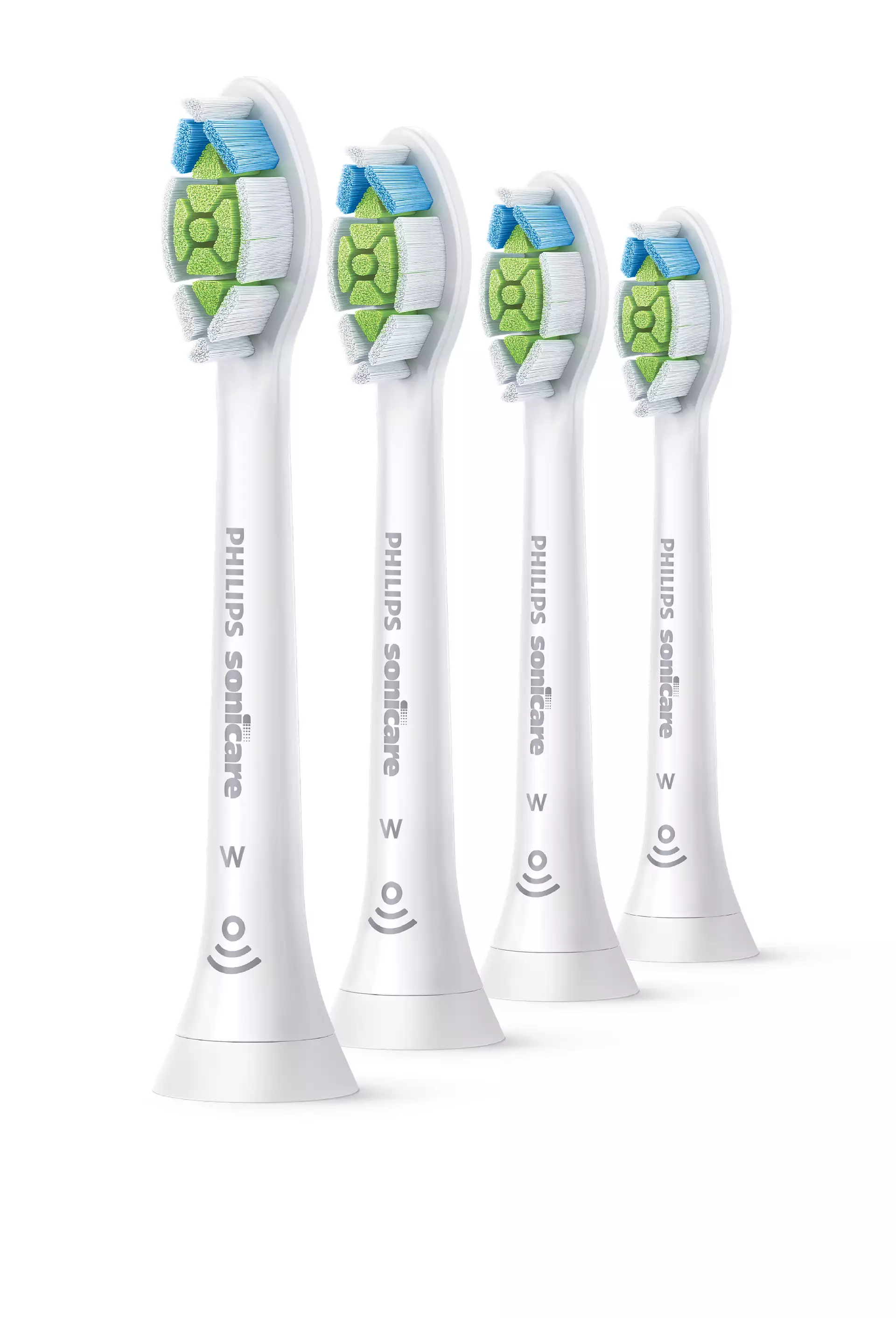 Négy fehér Philips Sonicare fogkefefej sorban. Kék és zöld sörték.