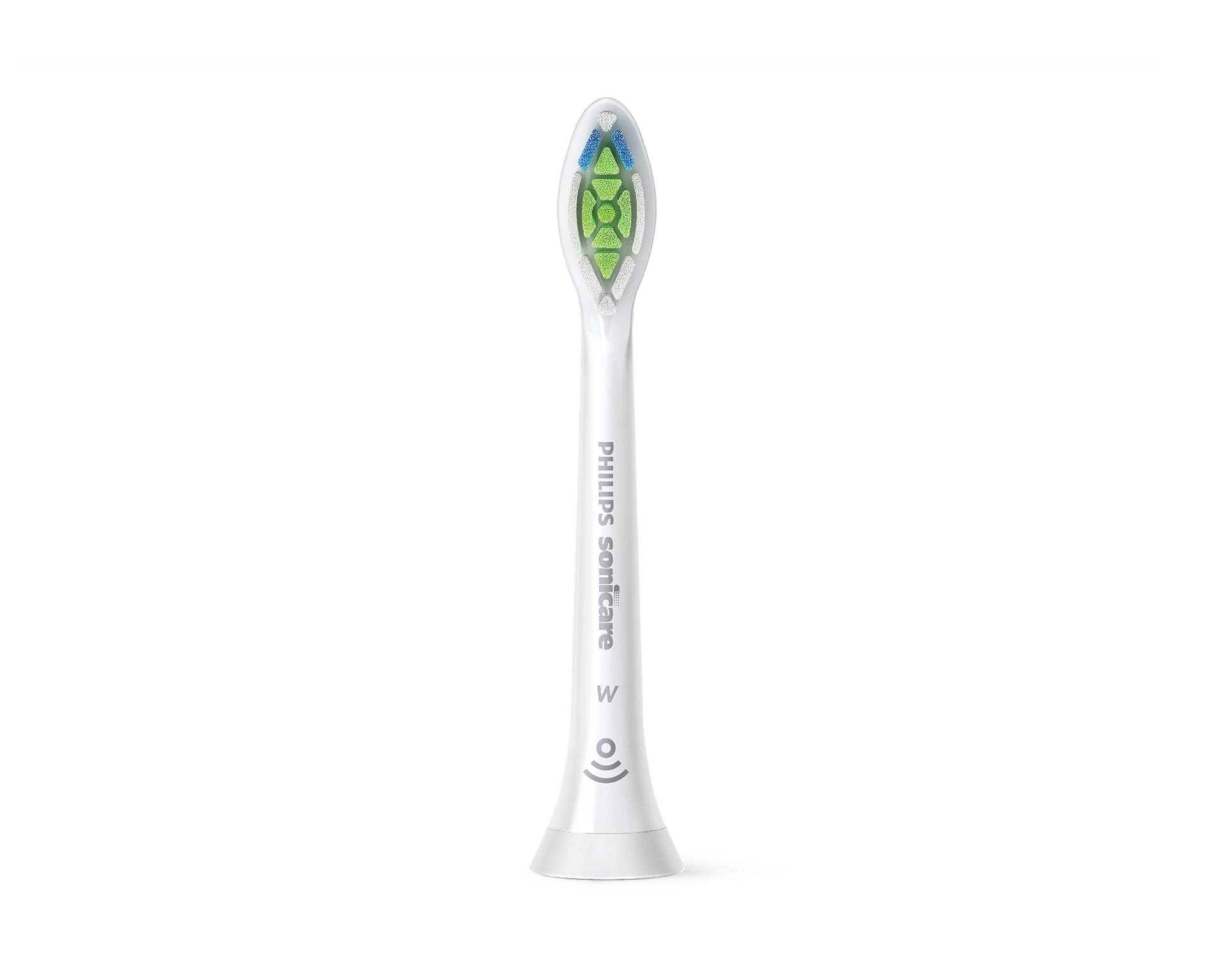 Fehér Philips Sonicare fogkefe fej zöld és kék sörtékkel, fehér háttér.