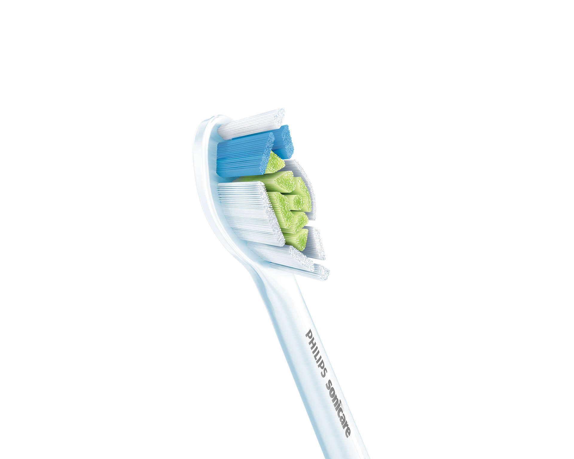 Közelkép egy Philips Sonicare fogkefefejről, kék és zöld sörtékkel.