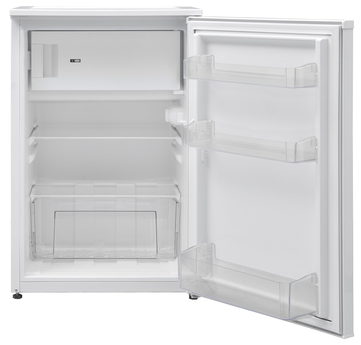 Otwarta biała lodówka z półkami i przezroczystą szufladą. Drzwi są otwarte, widać wnętrze.