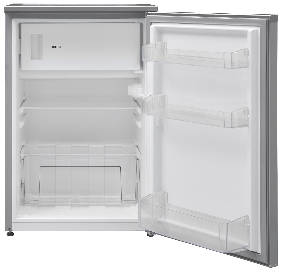 Otwarta srebrna lodówka z półkami i szufladą.