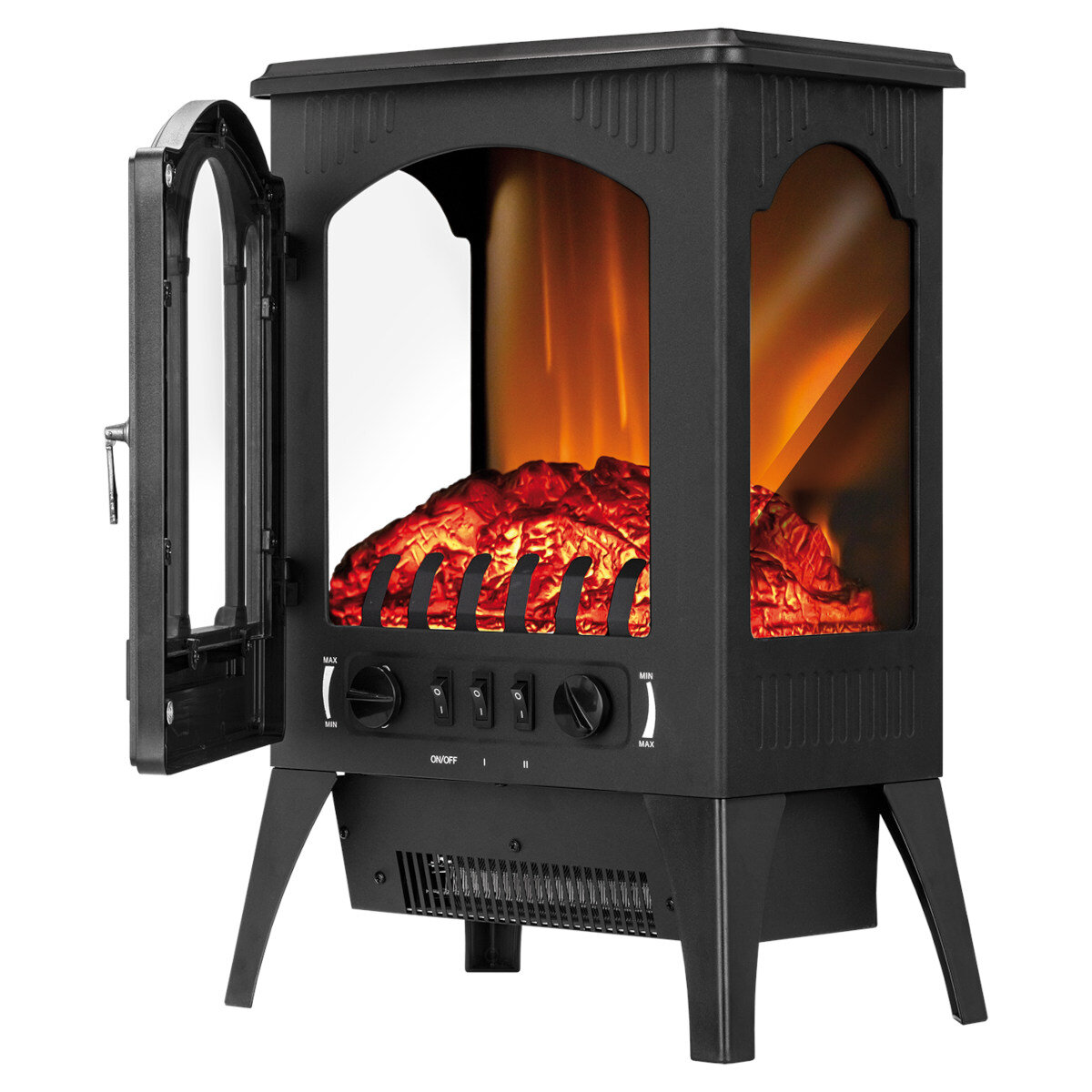 Czarny kominek elektryczny z otwartymi drzwiami, pokazujący symulowany ogień i elementy sterujące.