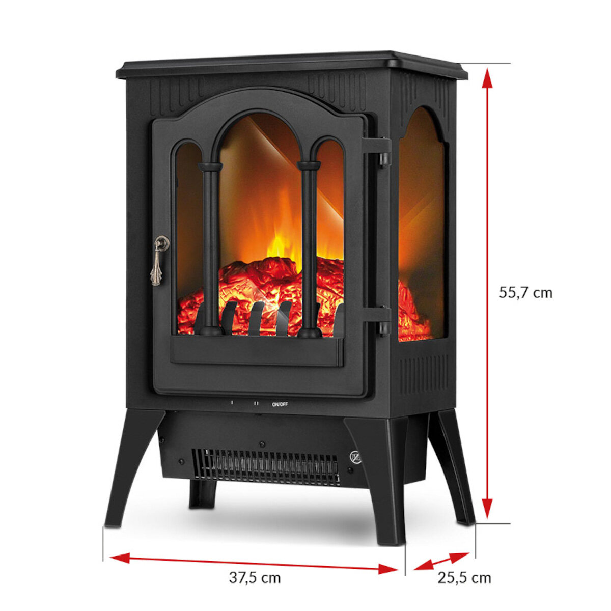 Czarny kominek elektryczny z płomieniami, pokazane wymiary.