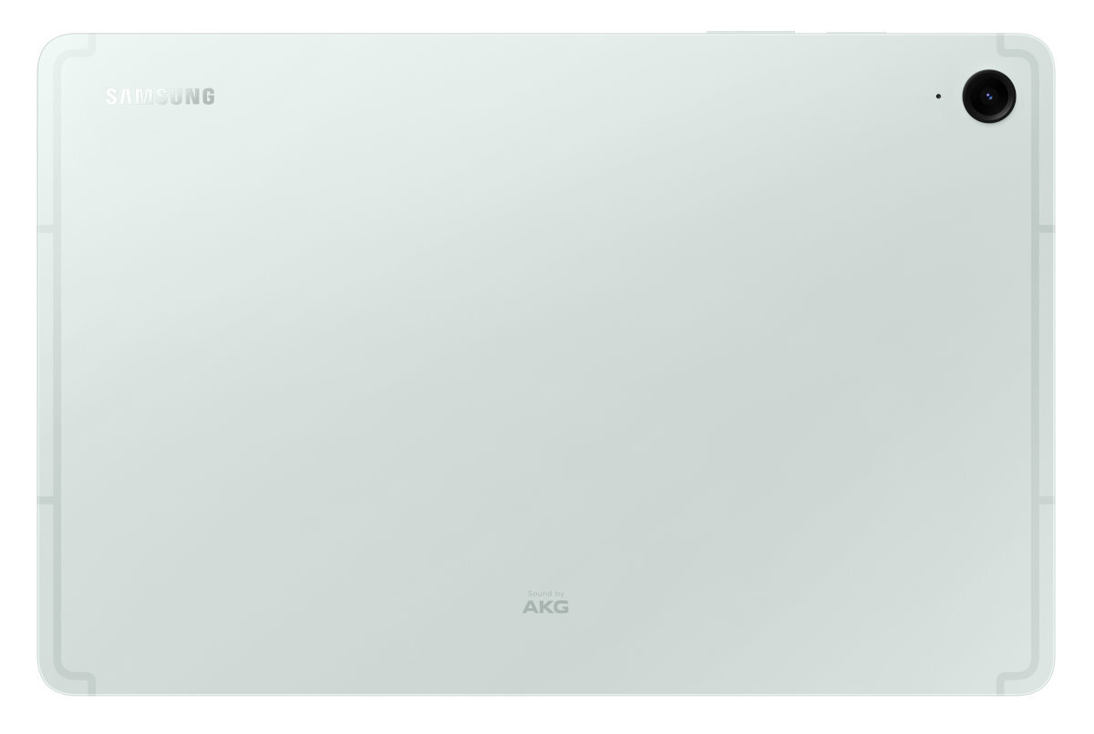 Tył zielonego tabletu Samsung z aparatem, widoczne logo Samsung i AKG.