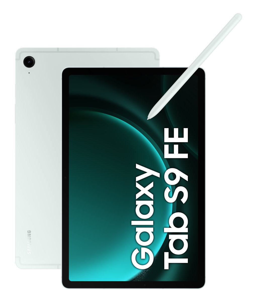 Biały tablet z rysikiem, z tabletem po lewej stronie, białe tło, ujęcie z góry.
