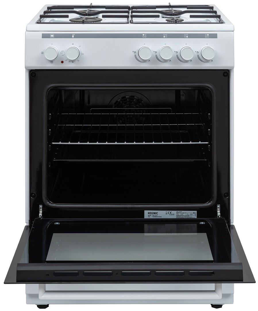 Biała kuchenka gazowa z otwartymi drzwiami piekarnika, pokazująca wnętrze, na białym tle.