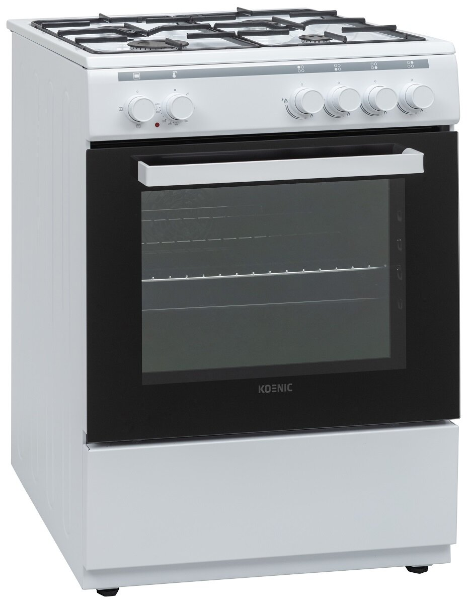 Biały piekarnik Koenic z czarnymi drzwiami i gazową płytą kuchenną.