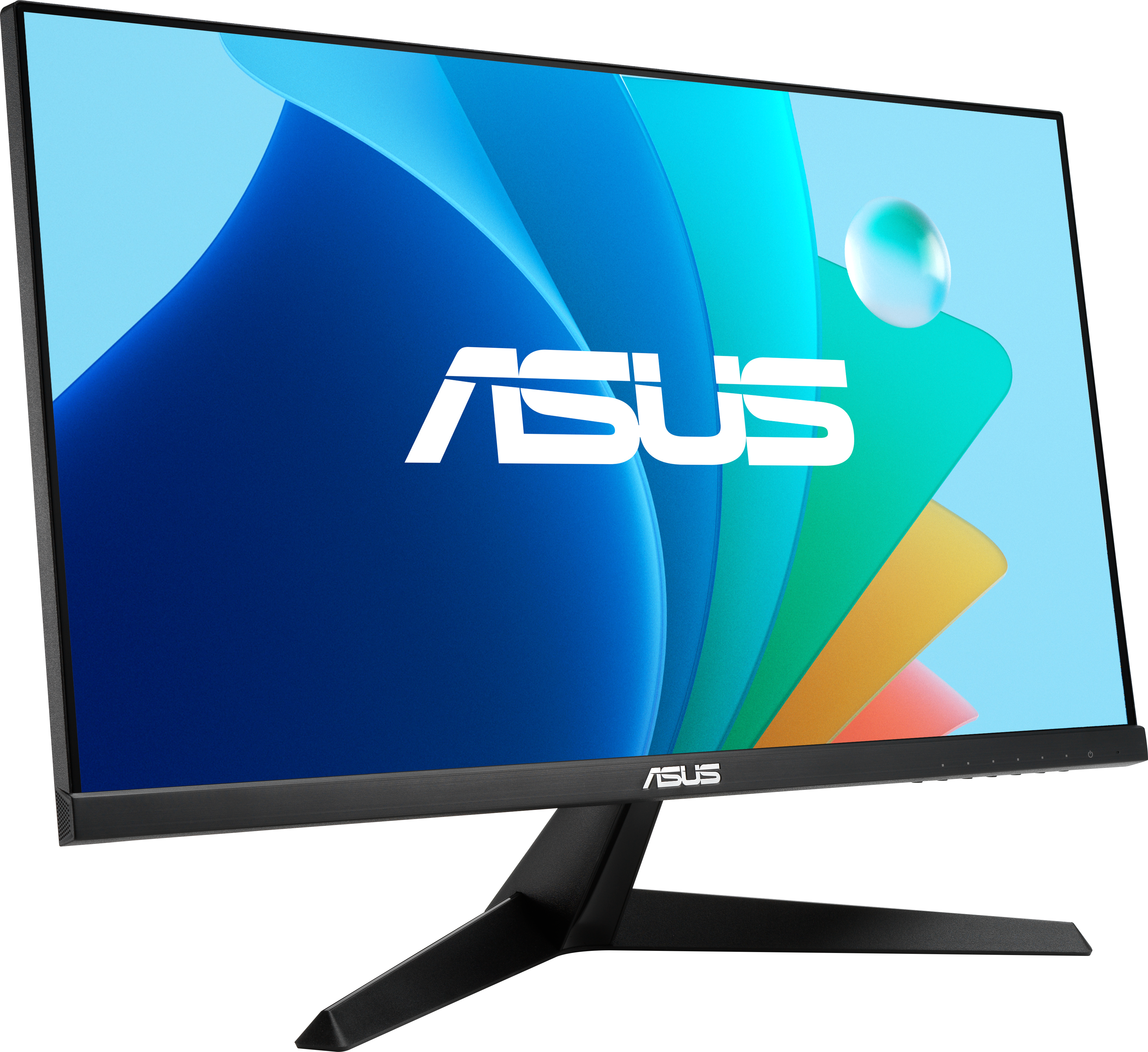 Moniteur ASUS noir avec fond coloré. L'écran affiche 'ASUS' en blanc.
