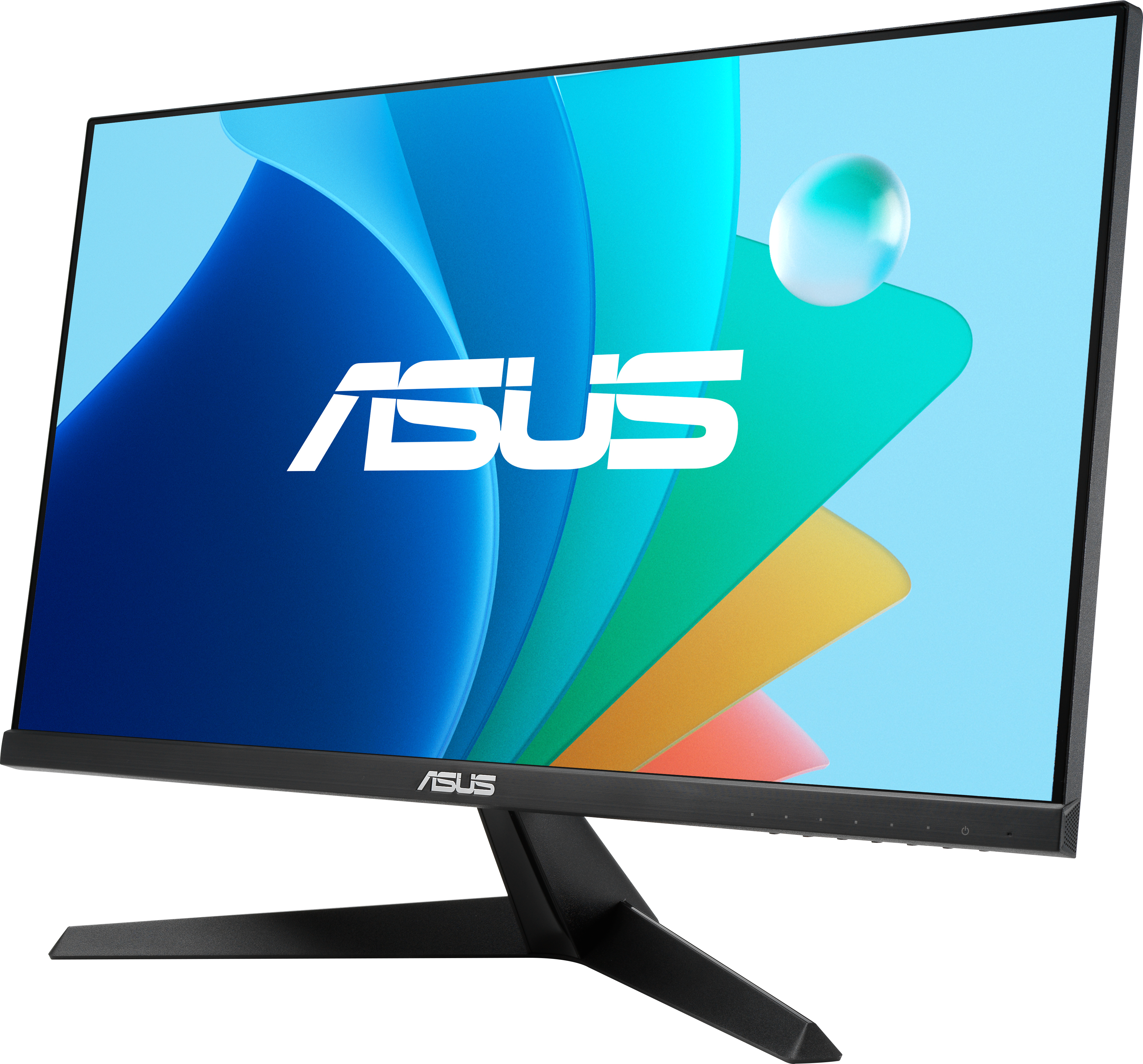 Un moniteur ASUS avec un cadre noir fin, affichant une image abstraite colorée.