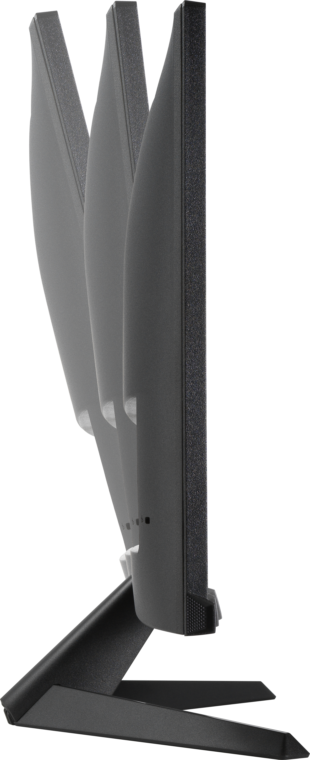 Un moniteur d'ordinateur noir avec son support, vu de côté, en angle.