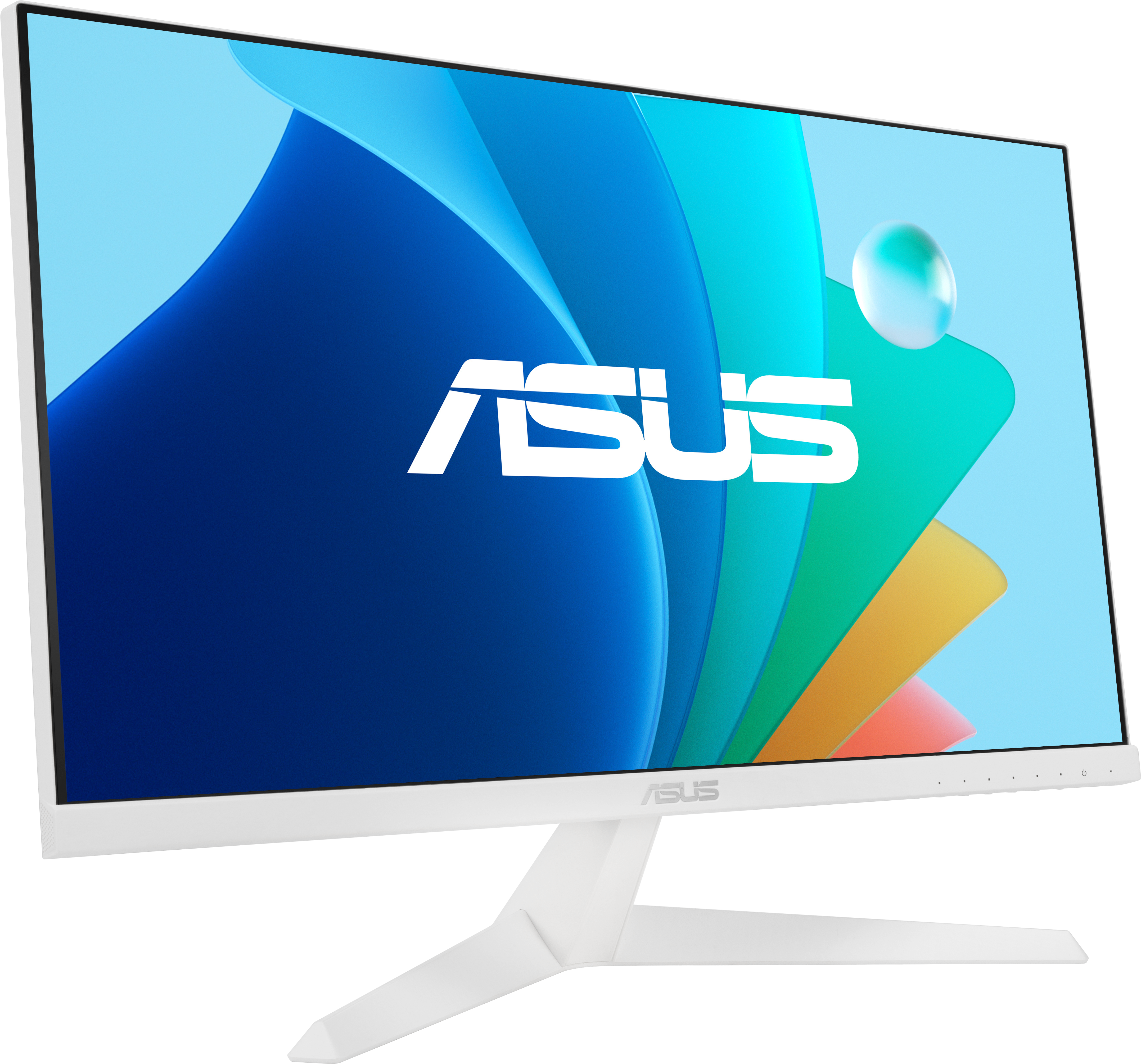 Moniteur ASUS blanc avec écran incurvé, affichant un design abstrait coloré. Le support est blanc.