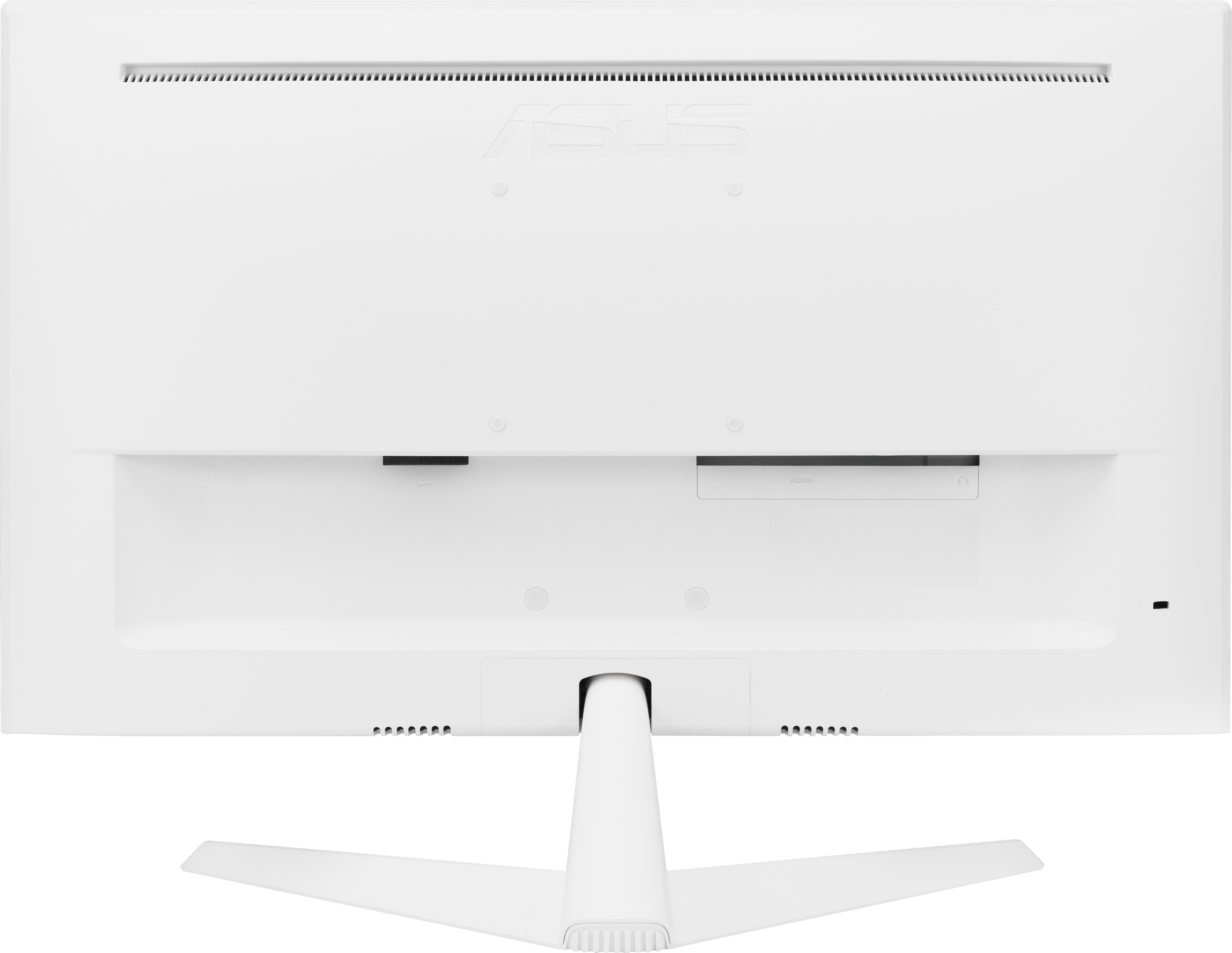 Moniteur d'ordinateur blanc, vue arrière. Il a un pied et des ports. Fond blanc.