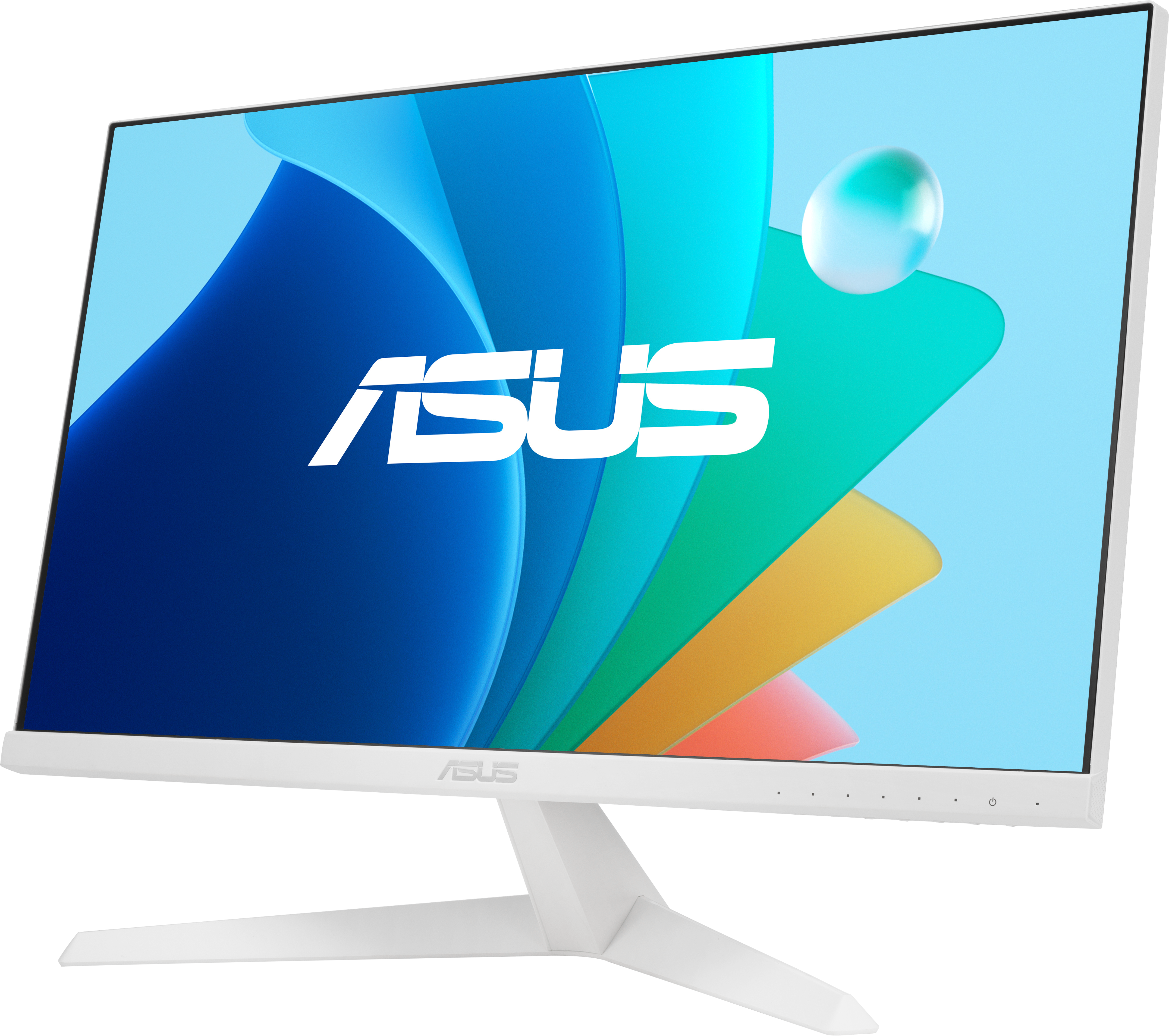 Moniteur ASUS blanc sur support blanc, affichant un graphique coloré. Le logo est visible.