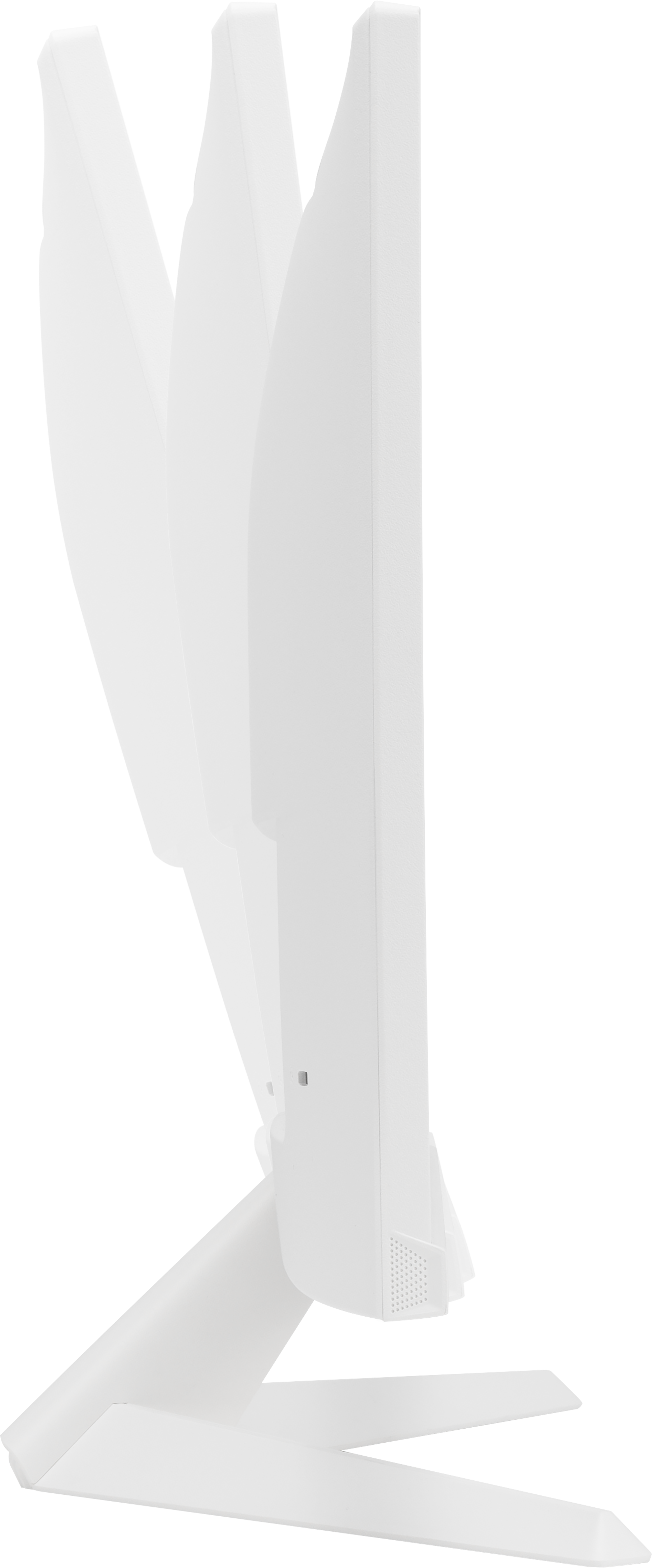 Un moniteur d'ordinateur blanc de côté, légèrement incliné.