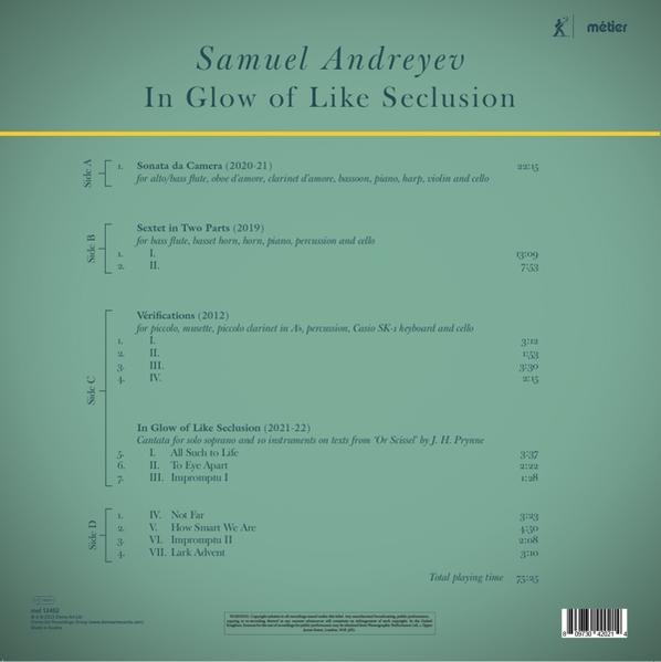 Rückseite eines Albums mit Titelliste und Besetzungen für Samuel Andreyevs Werk.
