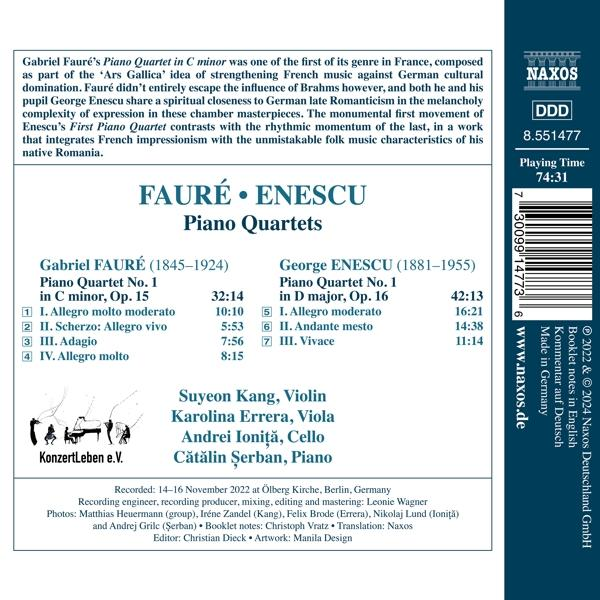 CD-Cover mit Fauré & Enescu Piano Quartets, Besetzung und Aufnahmeinfos.