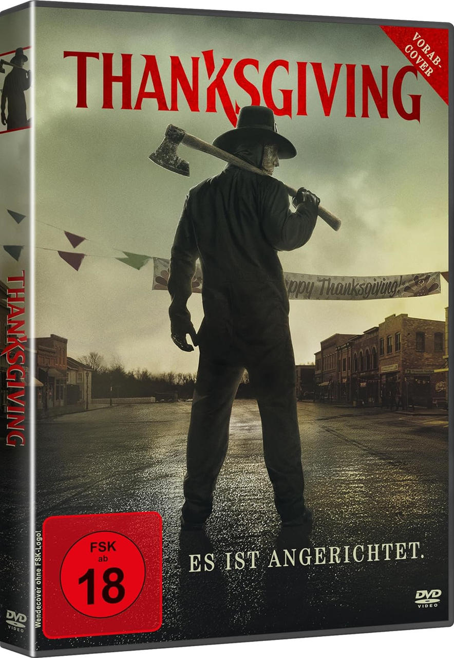 Thanksgiving-Film-DVD-Cover mit einem maskierten Mann, der eine Axt hält.