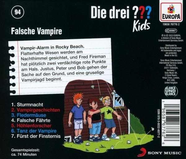 Rückseite eines Buches. Der Titel lautet 'Die drei ??? Kids' und das Bild zeigt drei Kinder mit einem Haus.