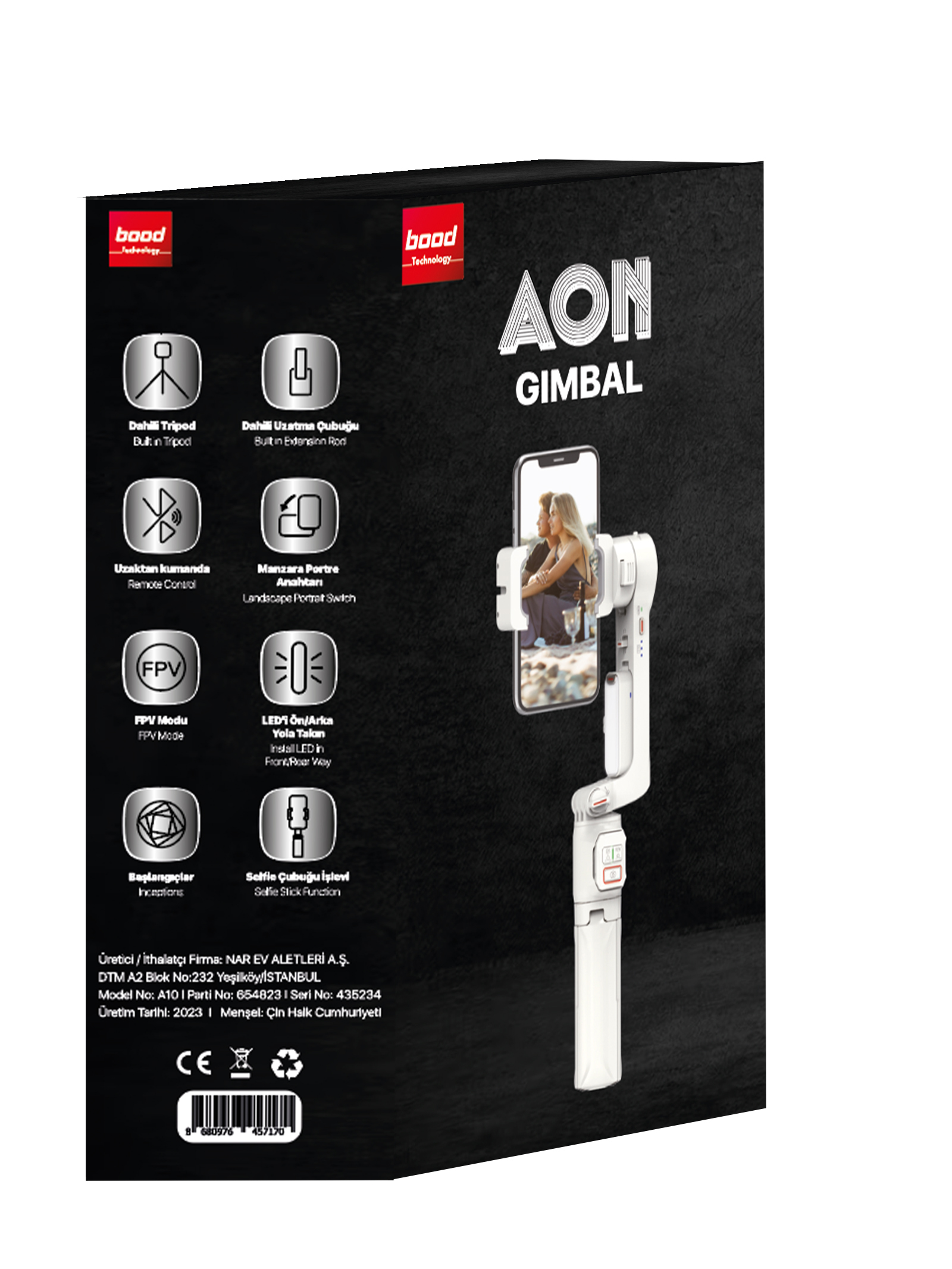 Bir gimbal, telefon ve simgeler içeren siyah bir kutu, cihaz hakkında metinle birlikte.