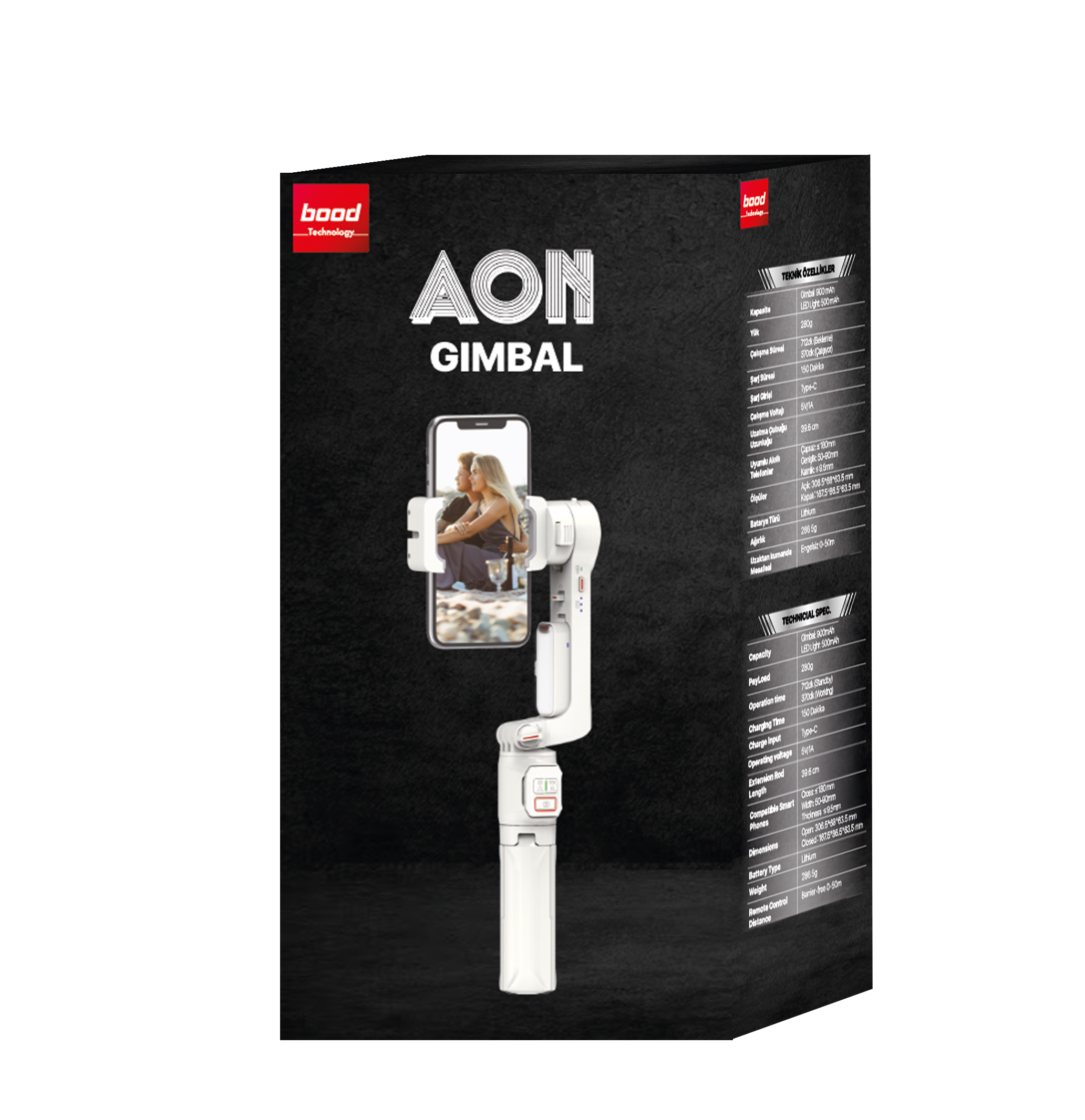 Beyaz gimbal, çift gösteren telefon, siyah arka plan ve yan taraftaki detaylarla kutu.